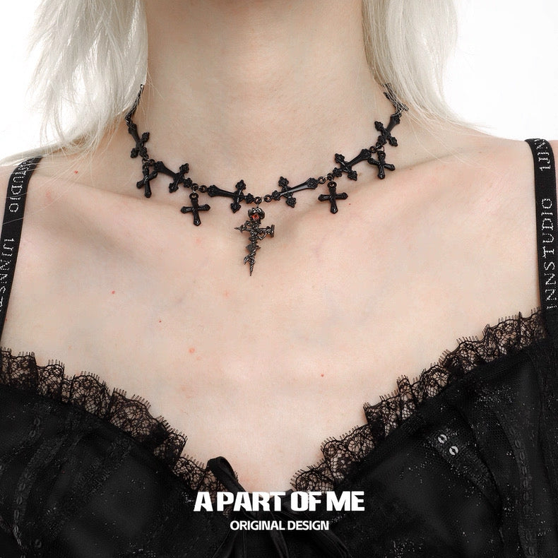 Rose Thorn on Nail Cross Black Plating Choker