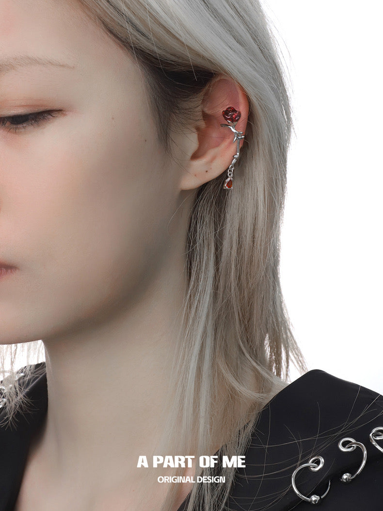 Bloody Rose 18K Platinum Plating Red Rose Zircon Stone Single Ear Cuff