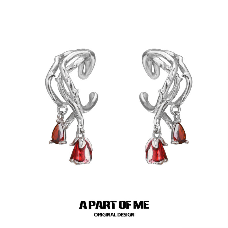 Bloody Rose 18K Platinum Plating Red Rose & Thorn Zircon Stone Ear Cuffs