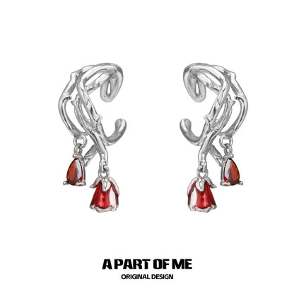 Bloody Rose 18K Platinum Plating Red Rose & Thorn Zircon Stone Ear Cuffs