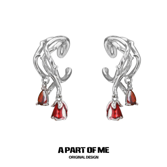 Bloody Rose 18K Platinum Plating Red Rose & Thorn Zircon Stone Ear Cuffs