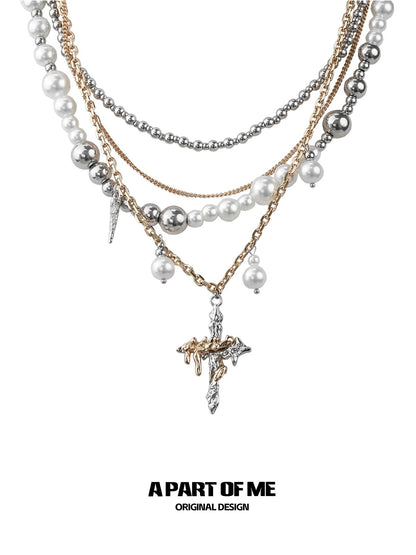 American Style 18K Platinum Platinum Baroque Pearl & Cross Necklace Set