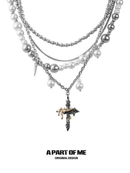 American Style 18K Platinum Platinum Baroque Pearl & Cross Necklace Set