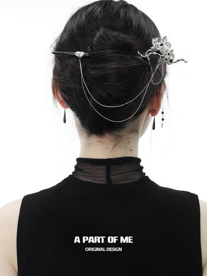 Black Orchid 18K Platinum Platinum Detachable Tassel Faux Wood Hairpin