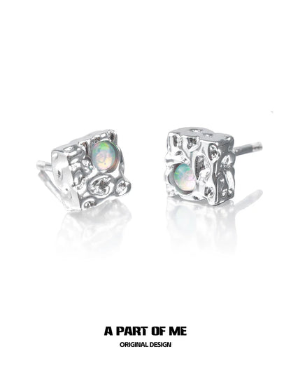 Square S925 Sterling Silver Opal Stud Earrings
