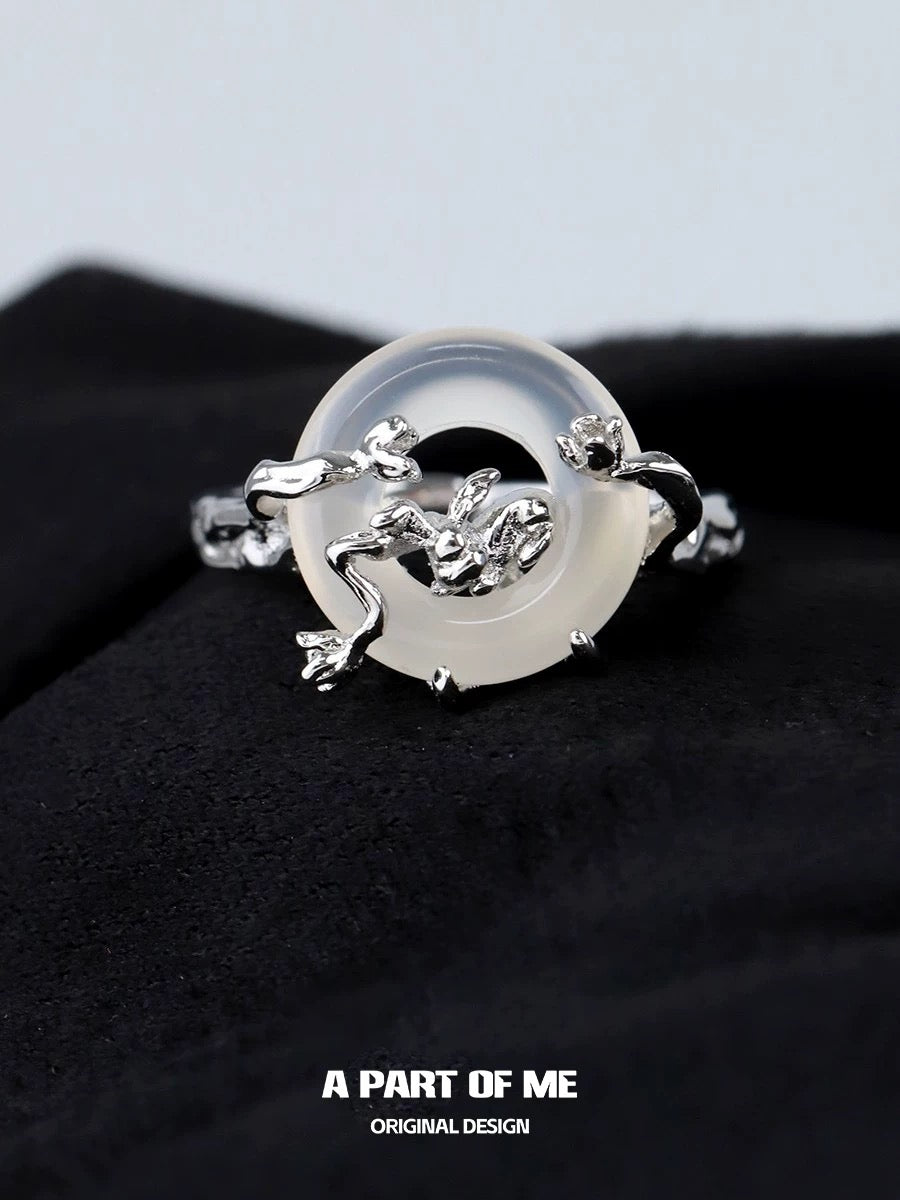 Laurel Series S925 Sterling Silver Natural Chalcedony Mini Flower Adjustable Ring