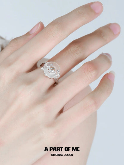 Laurel Series S925 Sterling Silver Natural Chalcedony Mini Flower Adjustable Ring