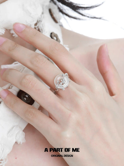 Laurel Series S925 Sterling Silver Natural Chalcedony Mini Flower Adjustable Ring