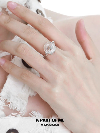 Laurel Series S925 Sterling Silver Natural Chalcedony Mini Flower Adjustable Ring