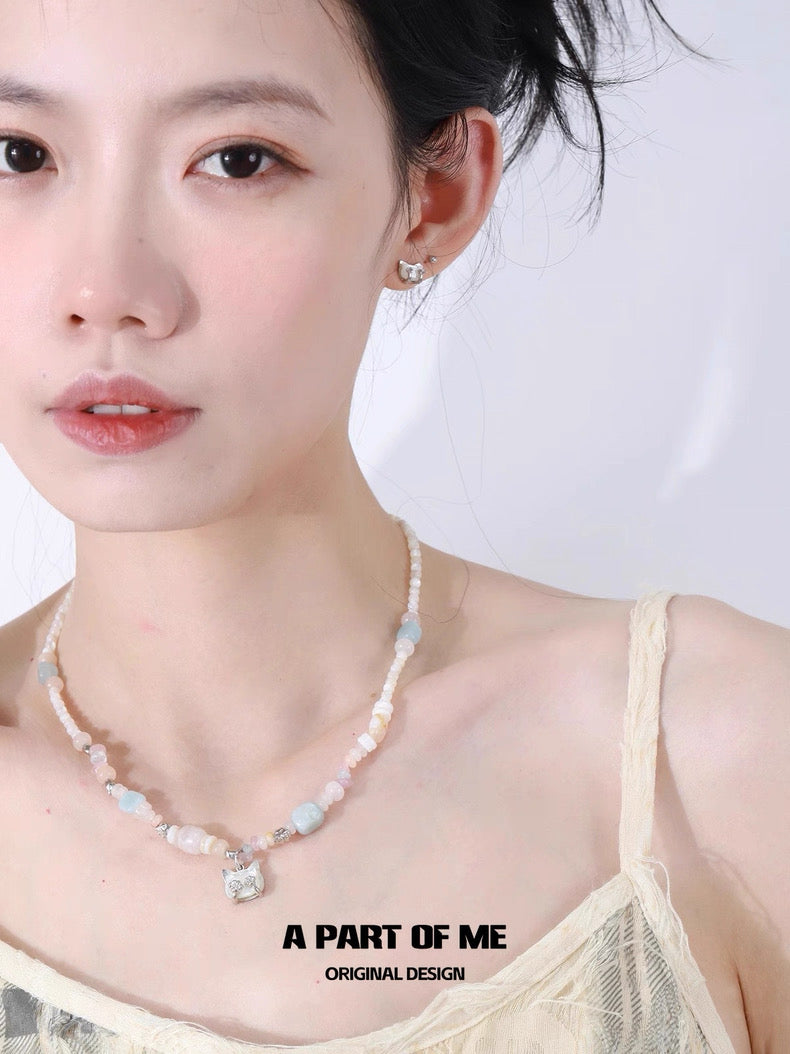 Seashell Cat S925 Sterling Silver Crystal Beads Necklace