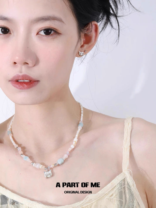 Seashell Cat S925 Sterling Silver Crystal Beads Necklace