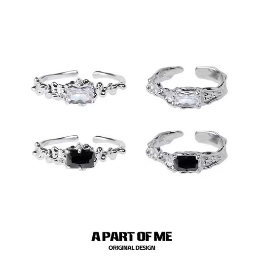 Ripple S925 Sterling Silver Black/White Zircon Adjustable Rings