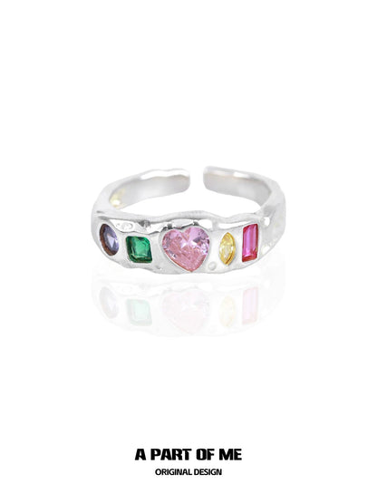 Rainbow Collection S925 Sterling Silver Glass Heart Couple Rings