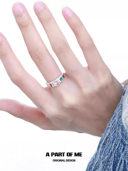 Rainbow Collection S925 Sterling Silver Glass Heart Couple Rings