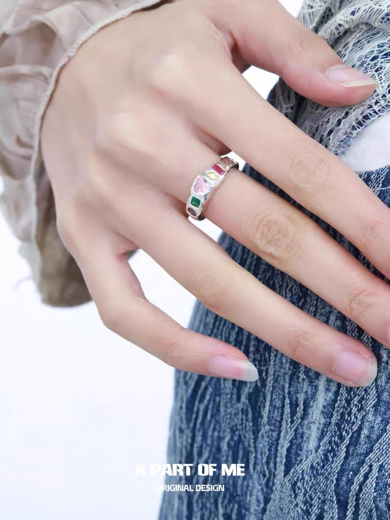 Rainbow Collection S925 Sterling Silver Glass Heart Couple Rings