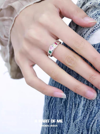 Rainbow Collection S925 Sterling Silver Glass Heart Couple Rings