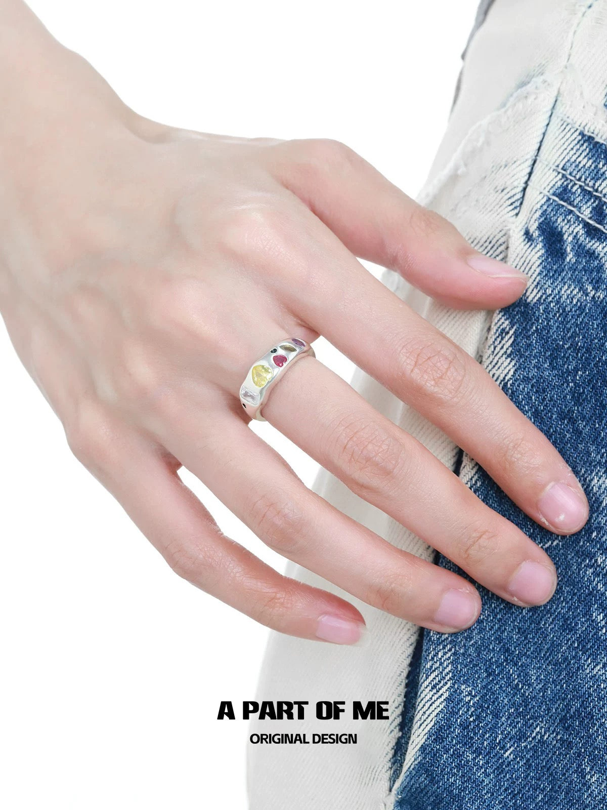 Rainbow Collection S925 Sterling Silver Glass Heart Couple Rings