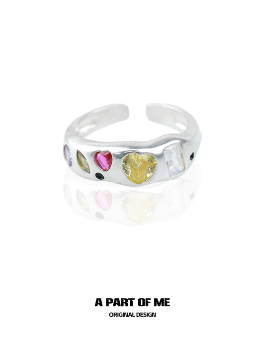 Rainbow Collection S925 Sterling Silver Glass Heart Couple Rings