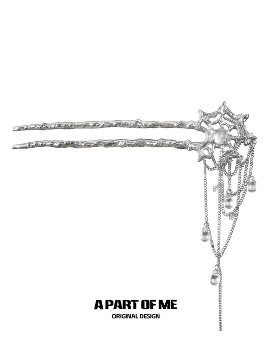 Dark Web 18K Platinum Plating White Agate Glass Beads Tassel Hairpin