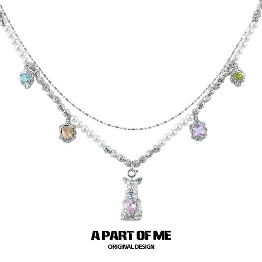 Wealthy Rabbit 18K Platinum Plating Easter Bunny Double Layer Multicolor Stones Necklace