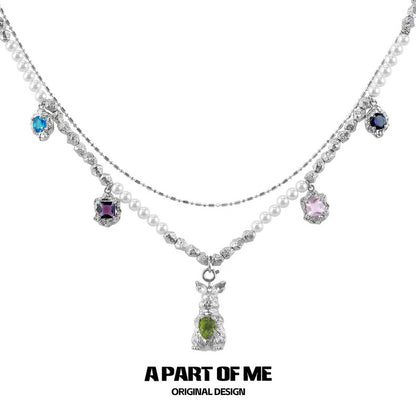 Wealthy Rabbit 18K Platinum Plating Easter Bunny Double Layer Multicolor Stones Necklace