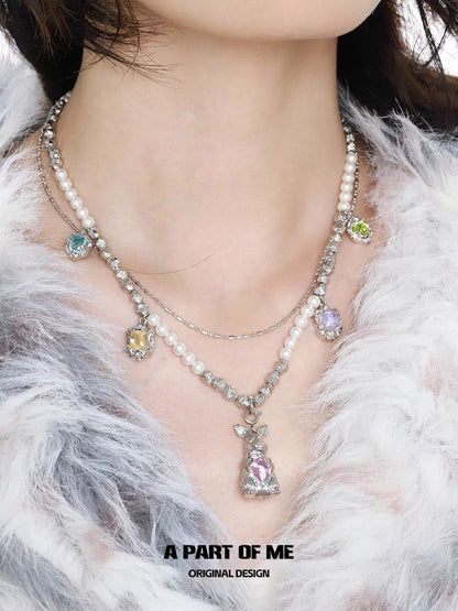 Wealthy Rabbit 18K Platinum Plating Easter Bunny Double Layer Multicolor Stones Necklace