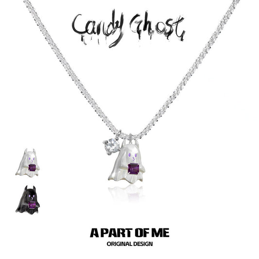 Candy Ghost 18K Platinum/Black Plating Trick or Treat Pendant Necklace