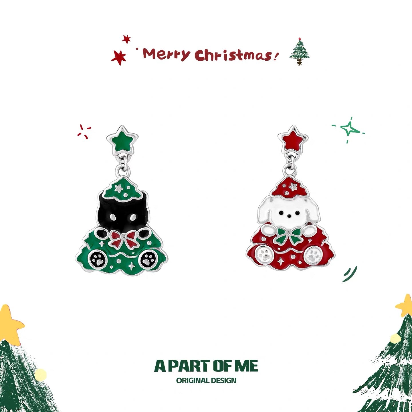Black Cat & White Dog 18K Platinum Plating Christmas Stud Earrings