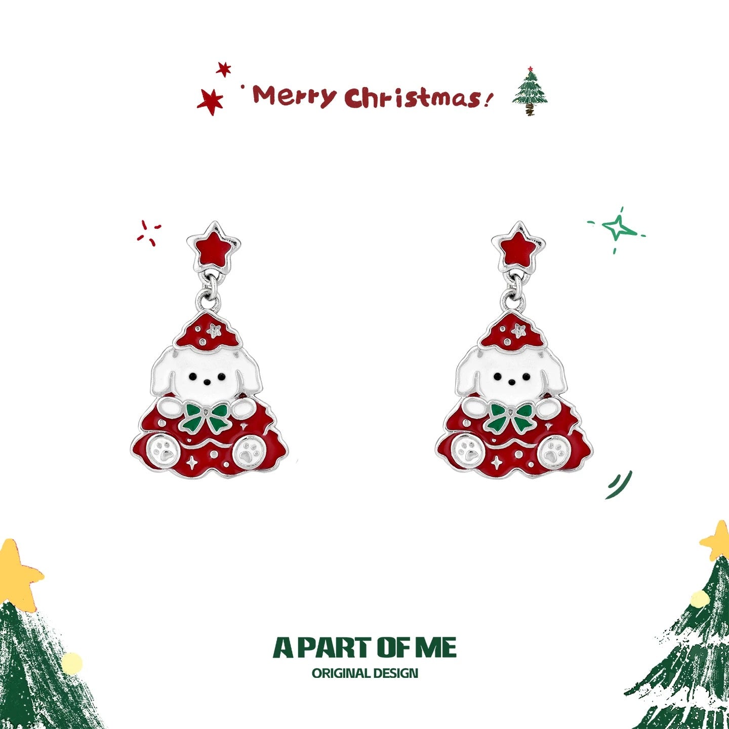 Black Cat & White Dog 18K Platinum Plating Christmas Stud Earrings