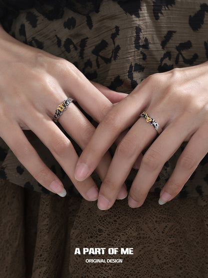 Lock & Key S925 Sterling Silver Leopard Pattern Adjustable Couple Rings
