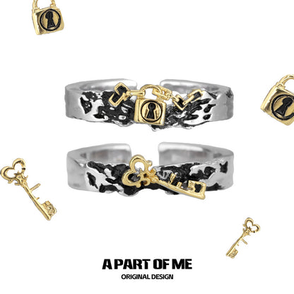 Lock & Key S925 Sterling Silver Leopard Pattern Adjustable Couple Rings