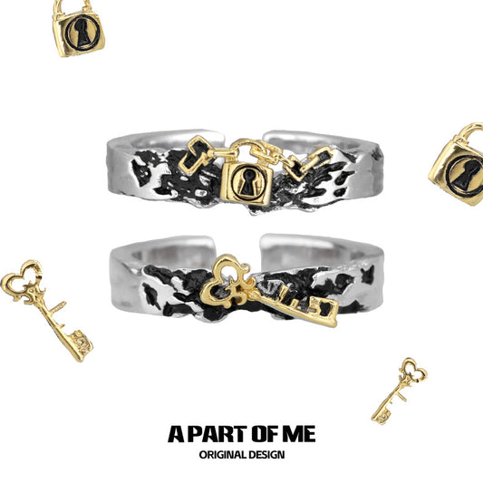 Lock & Key S925 Sterling Silver Leopard Pattern Adjustable Couple Rings