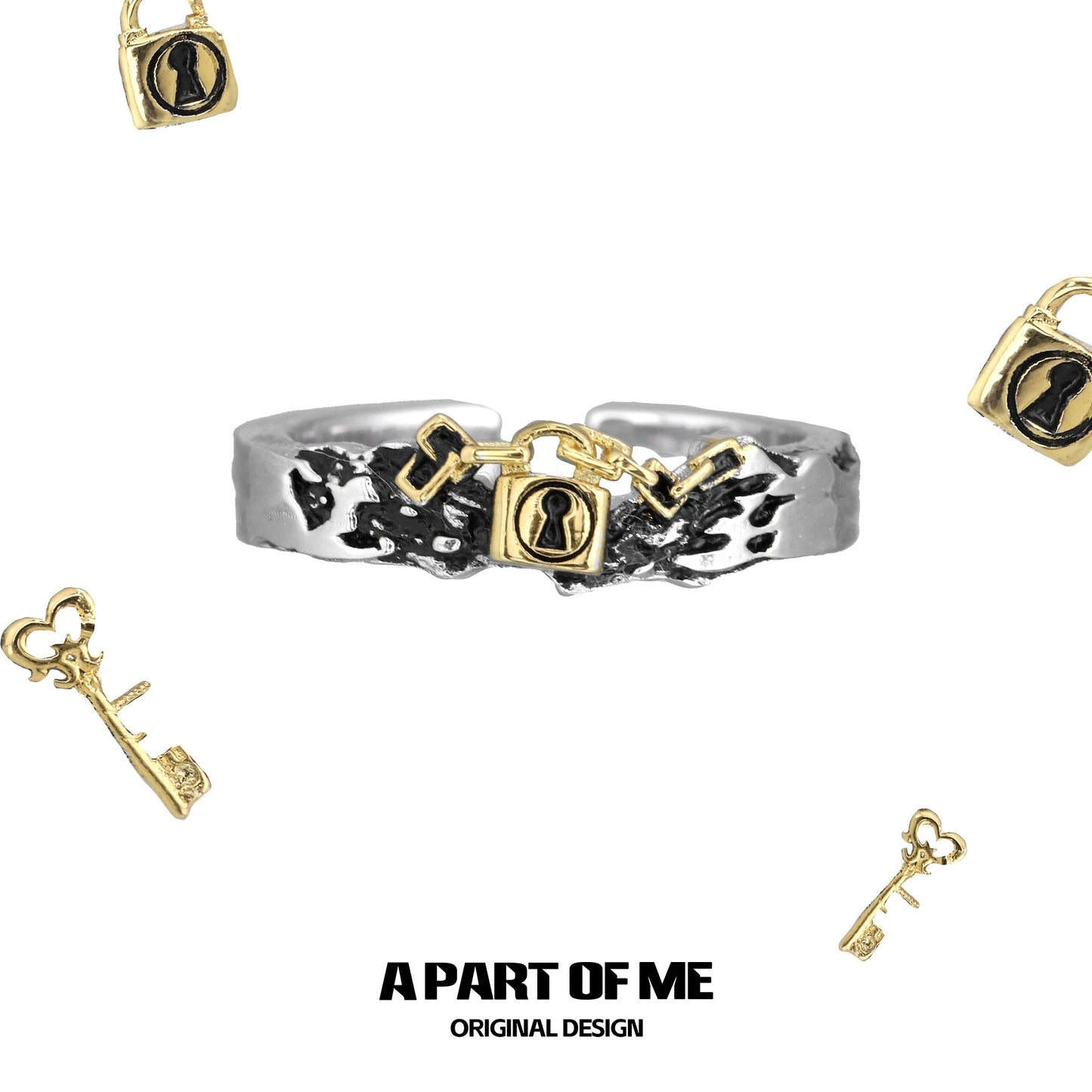 Lock & Key S925 Sterling Silver Leopard Pattern Adjustable Couple Rings