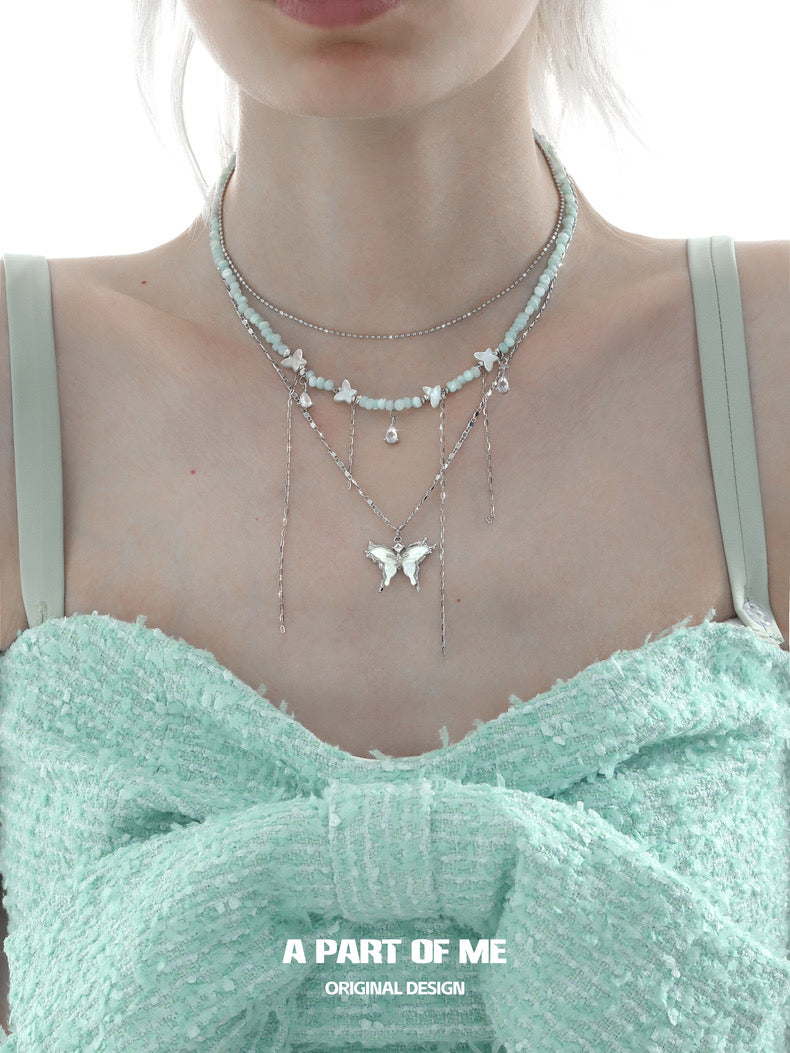 Mint Mambo Butterfly 18K Platinum Plating Beads Choker and Butterfly Pendant Necklace