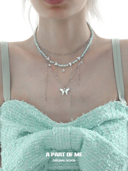 Mint Mambo Butterfly 18K Platinum Plating Beads Choker and Butterfly Pendant Necklace
