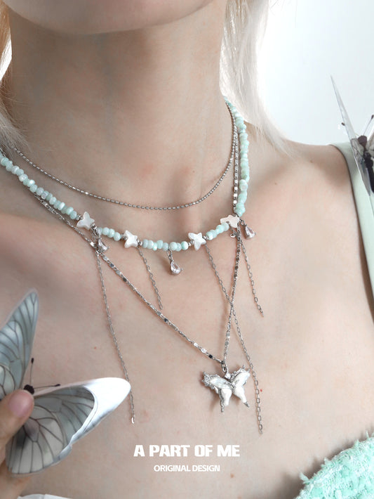 Mint Mambo Butterfly 18K Platinum Plating Beads Choker and Butterfly Pendant Necklace