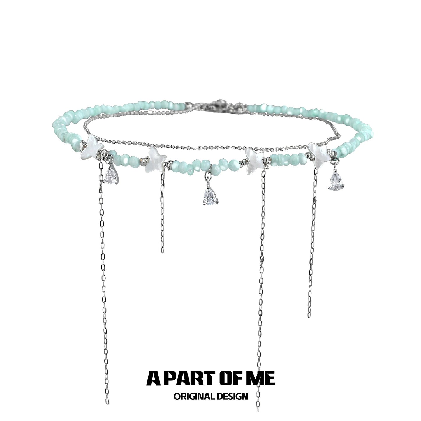 Mint Mambo Butterfly 18K Platinum Plating Beads Choker and Butterfly Pendant Necklace