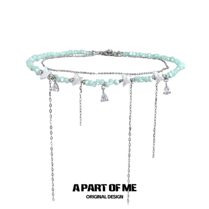 Mint Mambo Butterfly 18K Platinum Plating Beads Choker and Butterfly Pendant Necklace