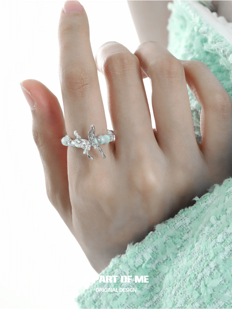 Mint Mambo Butterfly S925 Sterling Silver Bead Butterfly Resizable Rings