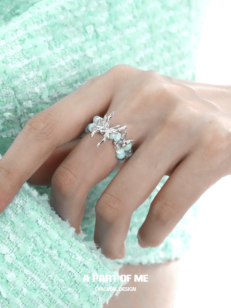 Mint Mambo Butterfly S925 Sterling Silver Bead Butterfly Resizable Rings