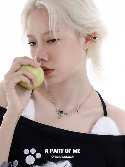 Black Cat & Green Apple 18K Platinum Plating Earcuffs