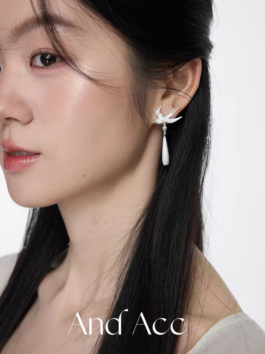 Swallow Dewdrop Hand Brushed Silver Plated Stud Earrings