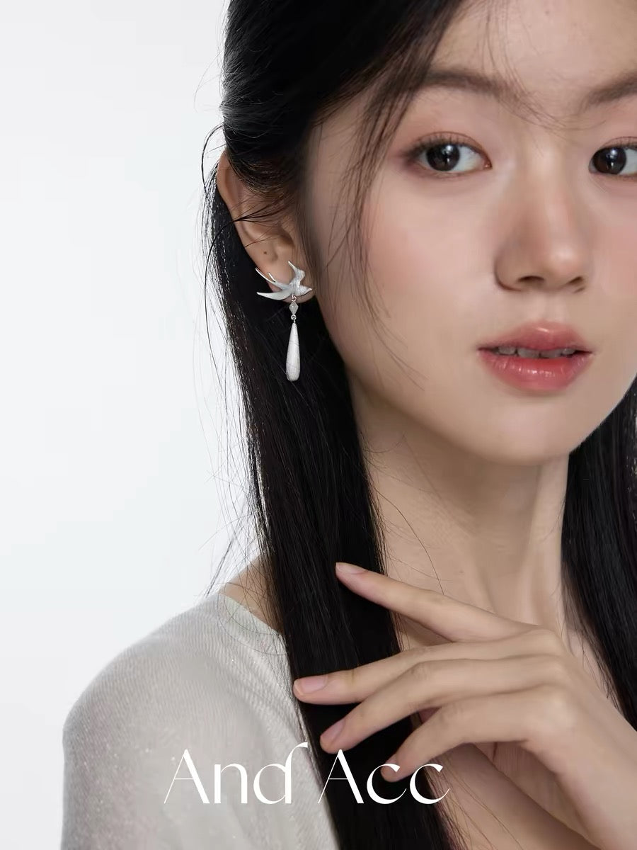 Swallow Dewdrop Hand Brushed Silver Plated Stud Earrings