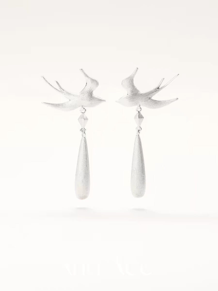Swallow Dewdrop Hand Brushed Silver Plated Stud Earrings