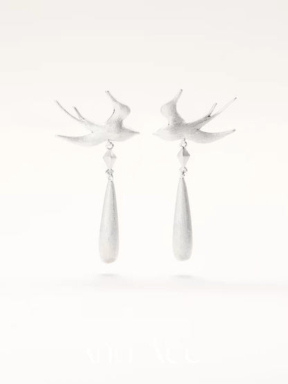 Swallow Dewdrop Hand Brushed Silver Plated Stud Earrings