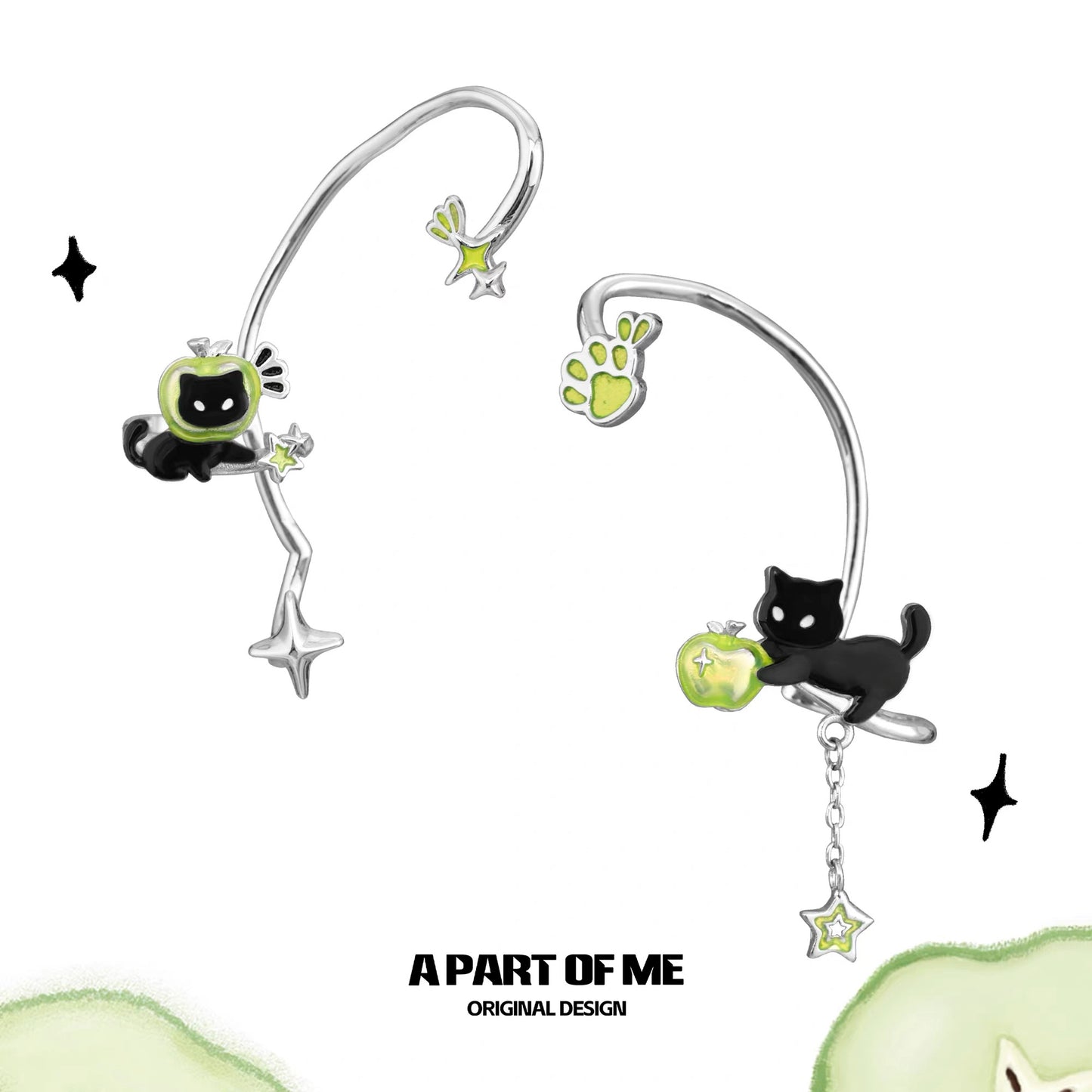 Apple Cat 18K Platinum Plating Black Cat & Green Apple Ear Wraps