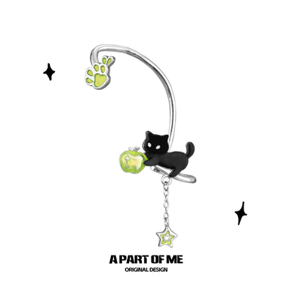 Apple Cat 18K Platinum Plating Black Cat & Green Apple Ear Wraps