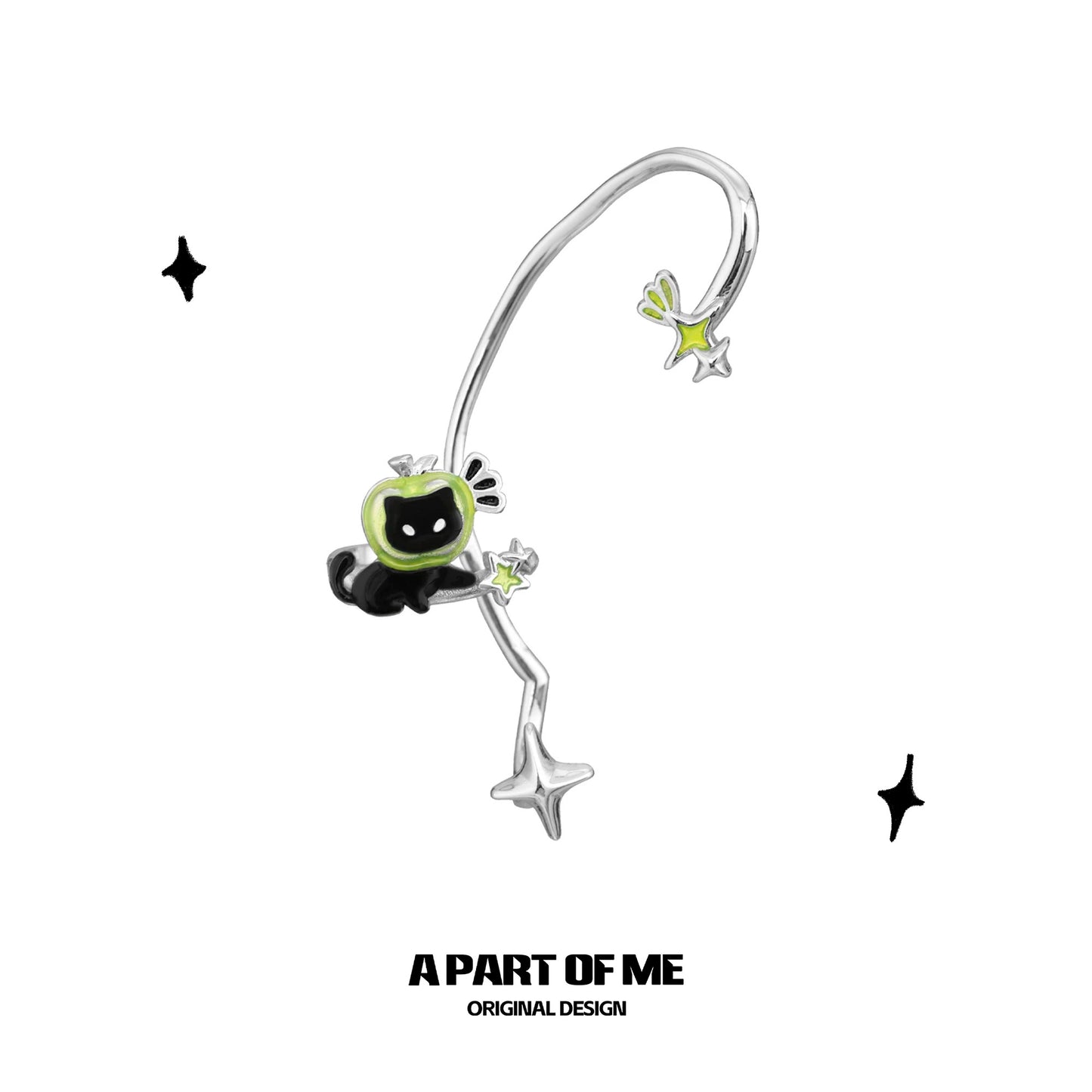 Apple Cat 18K Platinum Plating Black Cat & Green Apple Ear Wraps