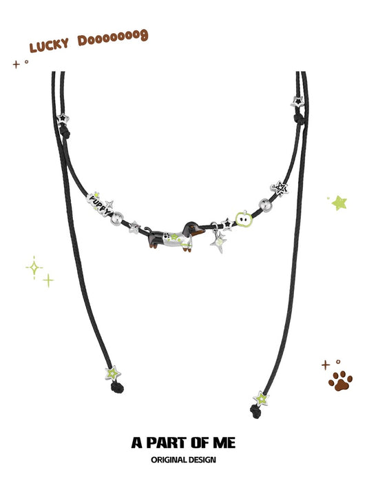 Lucky Dachshund (Apple Version) Black Cord Necklace