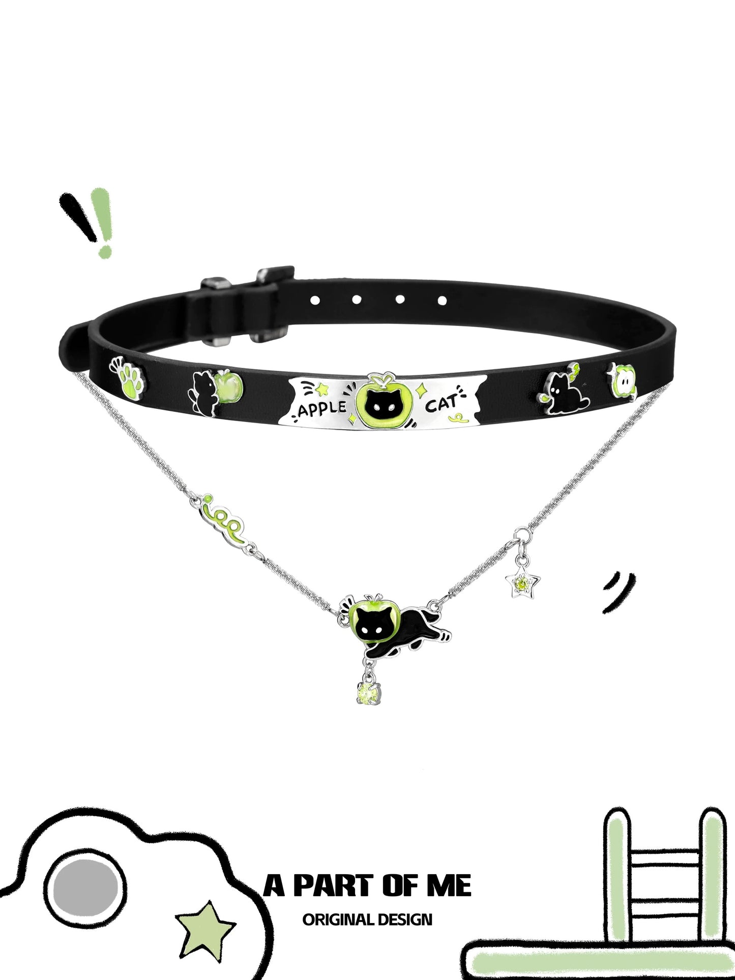 Apple Cat 18K Platinum Plating Black Cat & Green Apple Choker & Necklace